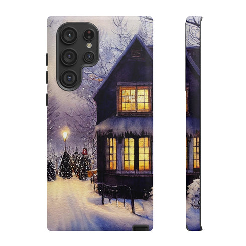 Glowing Homes in the Snow with Christmas Decorations - Impact Resistant Phone Case Samsung Galaxy S22 Ultra Matte